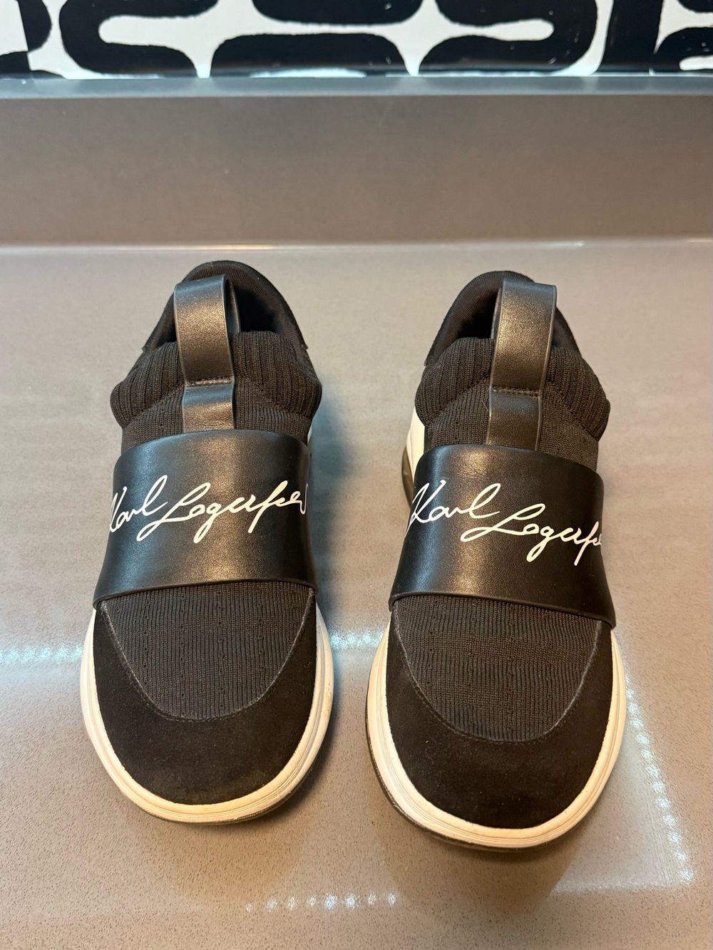 Karl Lagerfeld Black Knit Slip-On Sneakers with White Sole